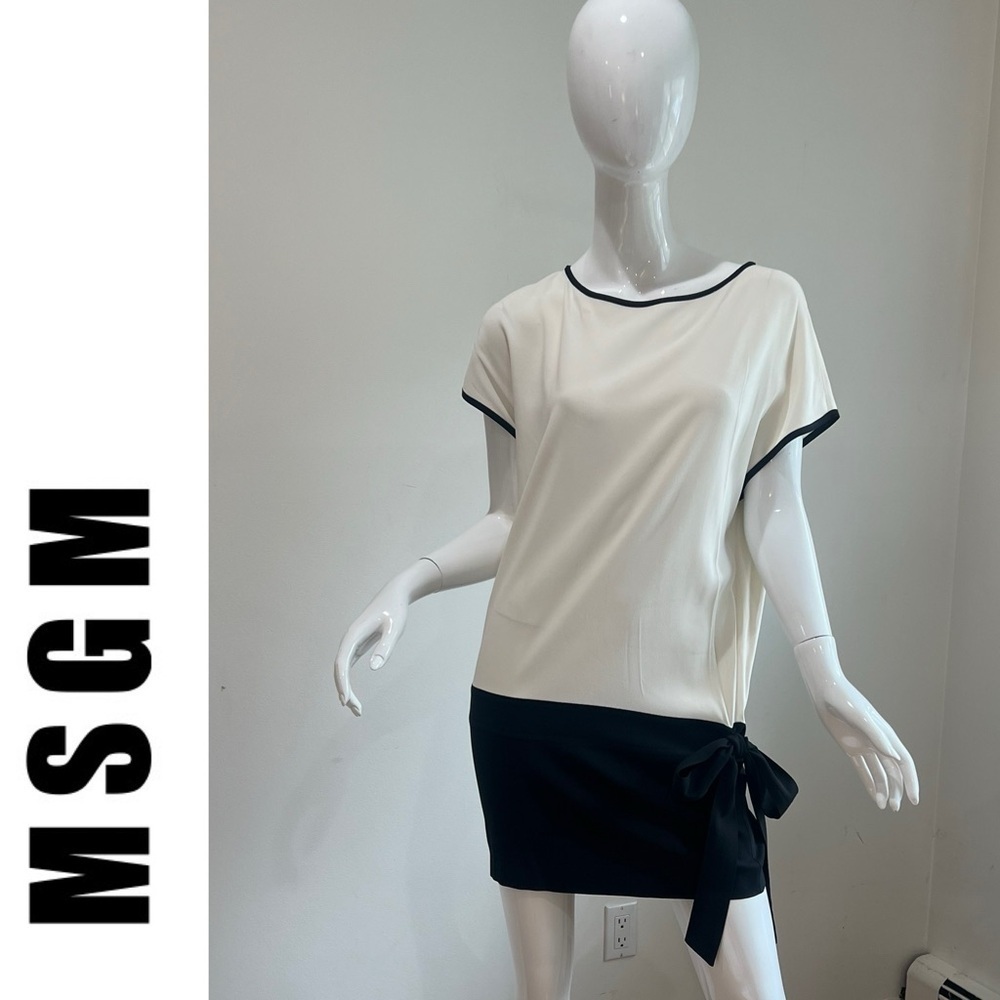 Msgm Drop Waist Bow Detail Color Block Dress - image 3